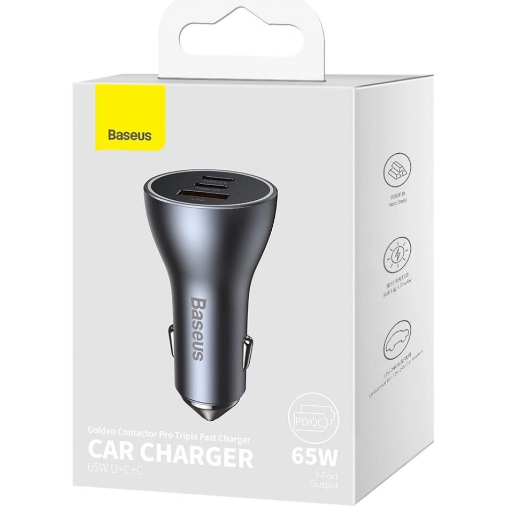 Baseus Goldener Kontaktschalter Pro Auto Ladegerät USB-A + 2x USB-C 65W Schnellladung - Grau