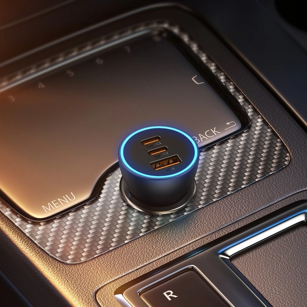 Baseus Goldener Kontaktschalter Pro Auto Ladegerät USB-A + 2x USB-C 65W Schnellladung - Grau