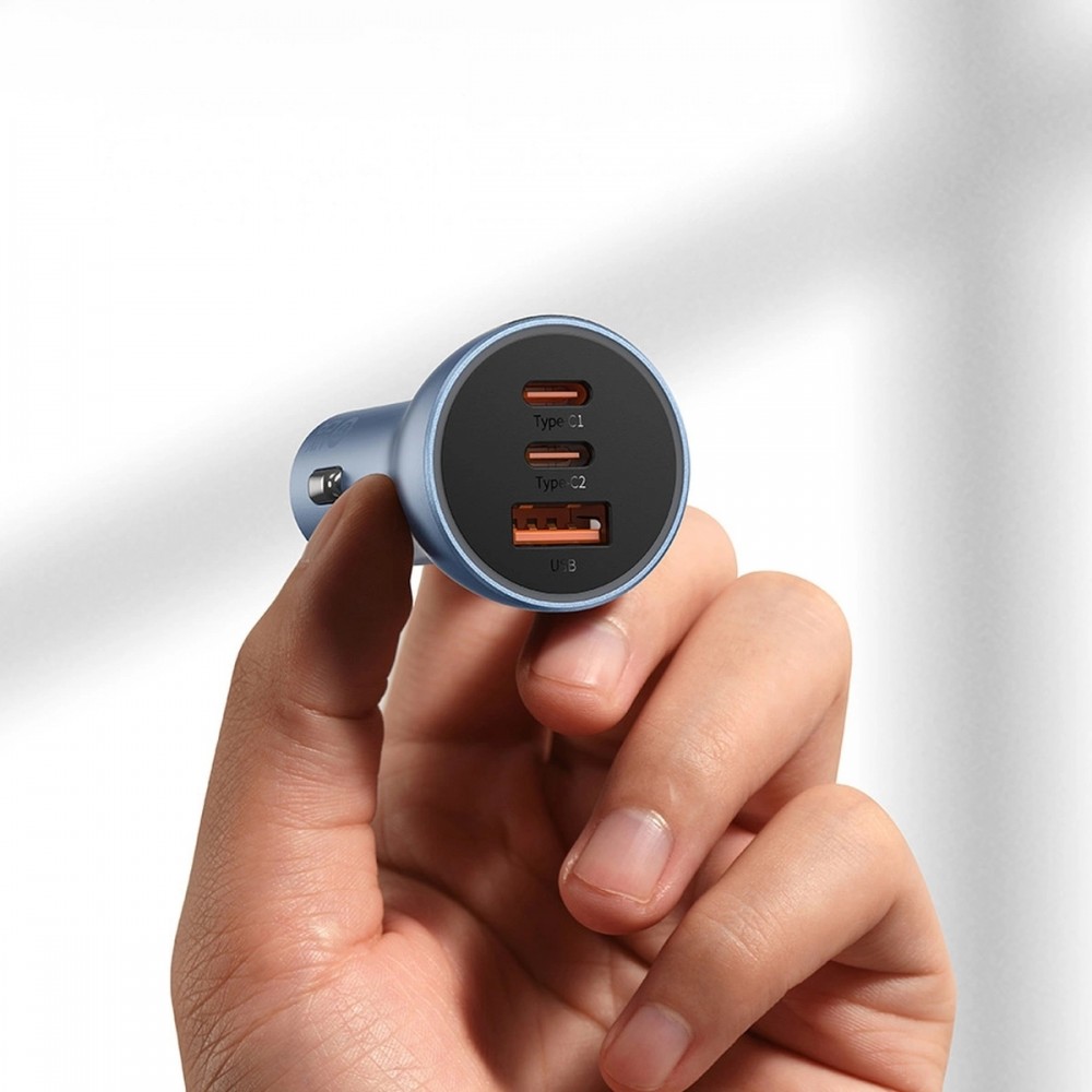 Baseus Goldener Kontaktschalter Pro Auto Ladegerät USB-A + 2x USB-C 65W Schnellladung - Grau