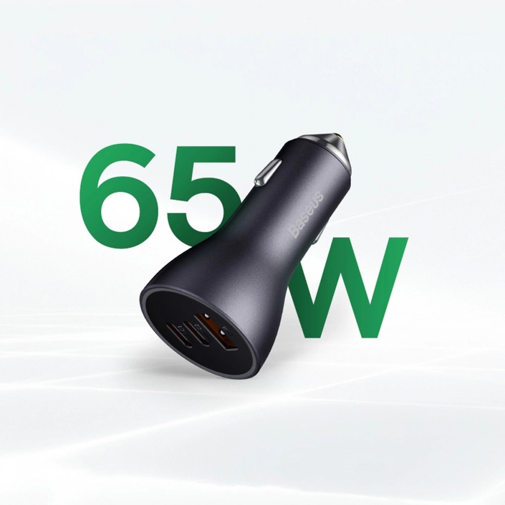 Baseus Goldener Kontaktschalter Pro Auto Ladegerät USB-A + 2x USB-C 65W Schnellladung - Grau
