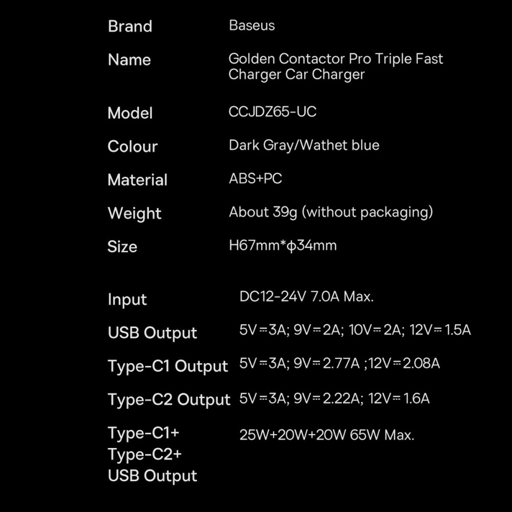 Baseus Goldener Kontaktschalter Pro Auto Ladegerät USB-A + 2x USB-C 65W Schnellladung - Grau