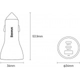 Baseus Goldener Kontaktschalter Pro Auto Ladegerät USB-A + 2x USB-C 65W Schnellladung - Grau