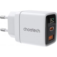 Chargeur mural Choetech USB-C PD 35W double port rapide avec protections intégrées - Blanc
