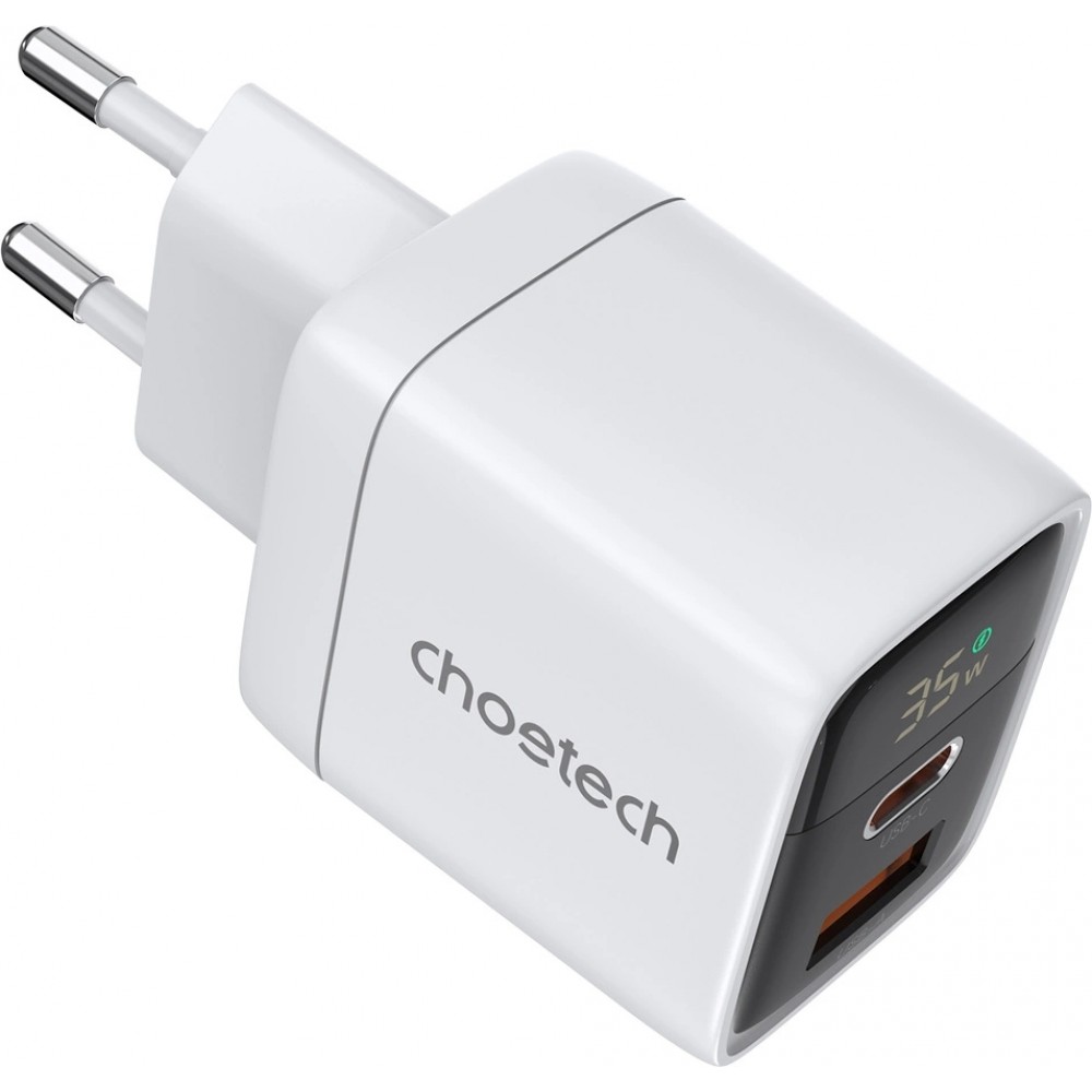 Chargeur mural Choetech USB-C PD 35W double port rapide avec protections intégrées - Blanc