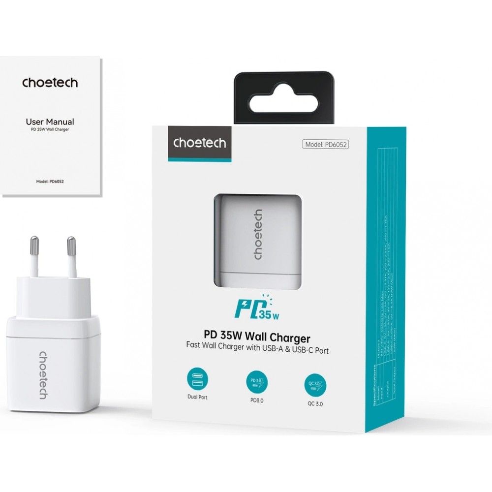 Chargeur mural Choetech USB-C PD 35W double port rapide avec protections intégrées - Blanc
