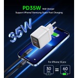 Chargeur mural Choetech USB-C PD 35W double port rapide avec protections intégrées - Blanc