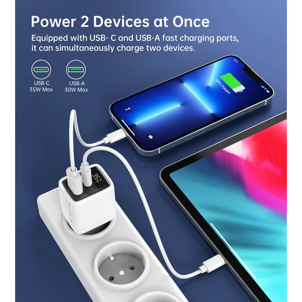 Chargeur mural Choetech USB-C PD 35W double port rapide avec protections intégrées - Blanc