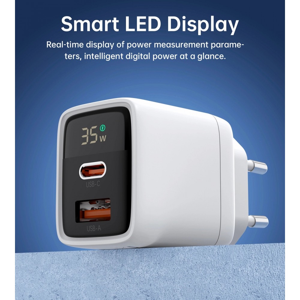 Chargeur mural Choetech USB-C PD 35W double port rapide avec protections intégrées - Blanc