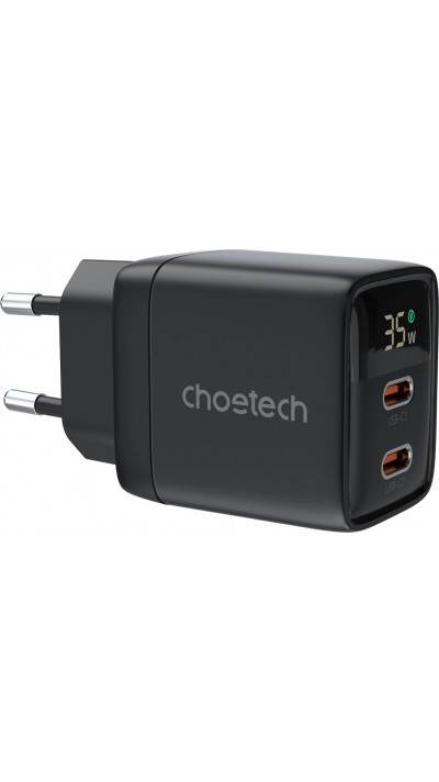 Chargeur mural Choetech USB-C PD 35W double port rapide avec protections intégrées - Noir