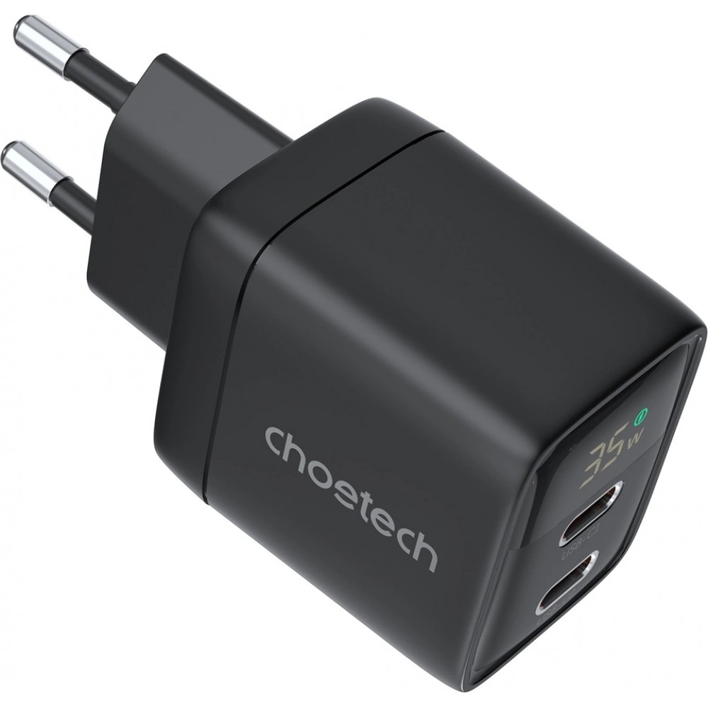 Chargeur mural Choetech USB-C PD 35W double port rapide avec protections intégrées - Noir