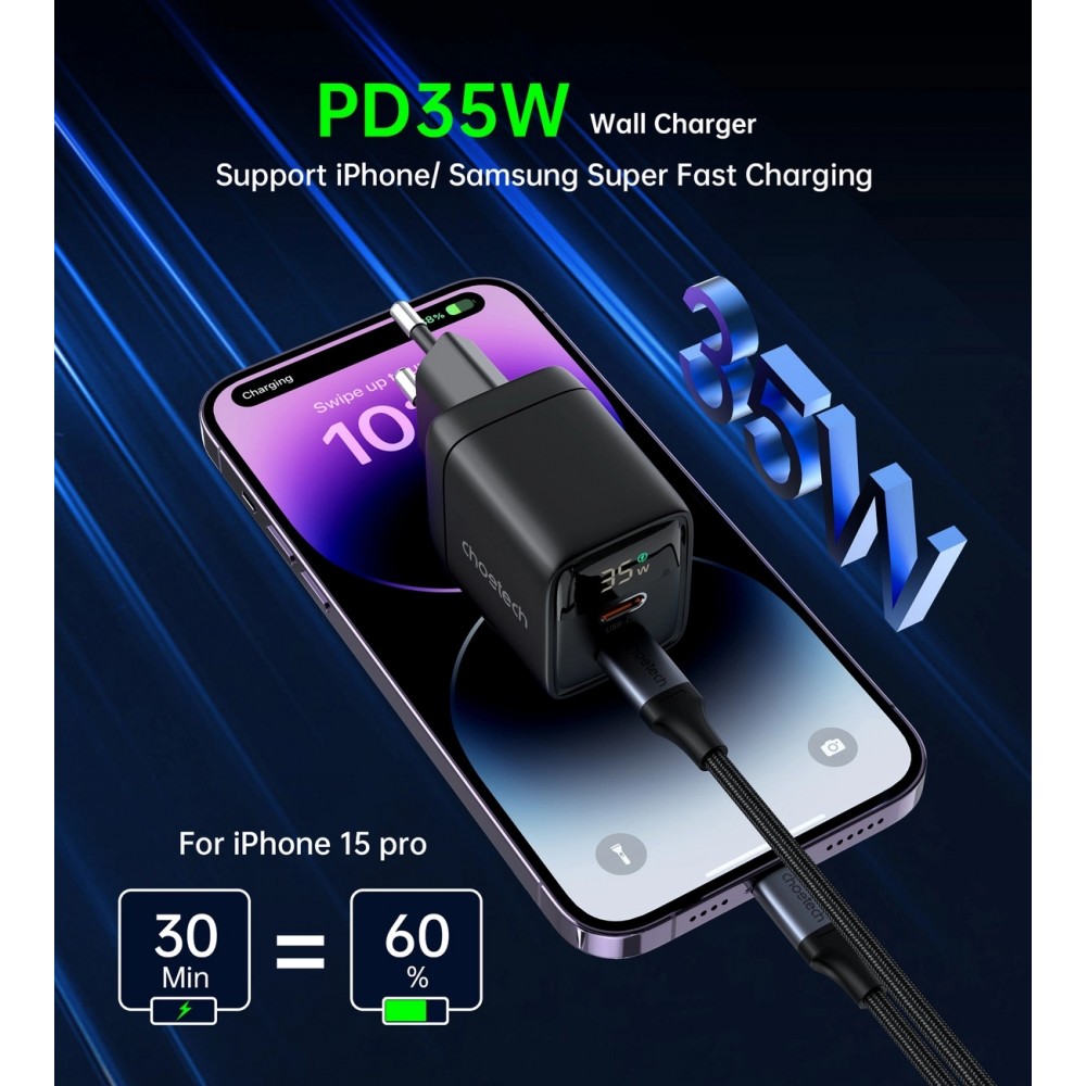Chargeur mural Choetech USB-C PD 35W double port rapide avec protections intégrées - Noir