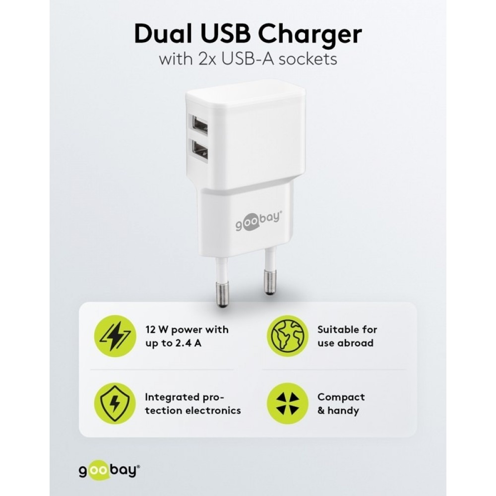 Goobay Doppel USB-A Ladeger&auml;t 12W Kompaktes USB-Wandladeger&auml;t - Weiss