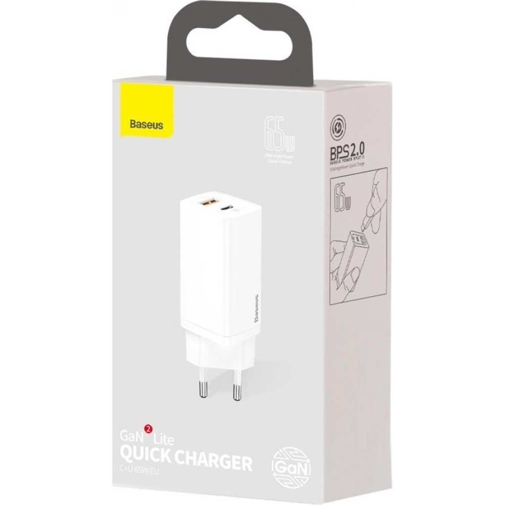 Baseus GaN2 Lite 65W USB-A / USB-C Schnellladegerät Quick Charge 3.0 Power Delivery - Weiss
