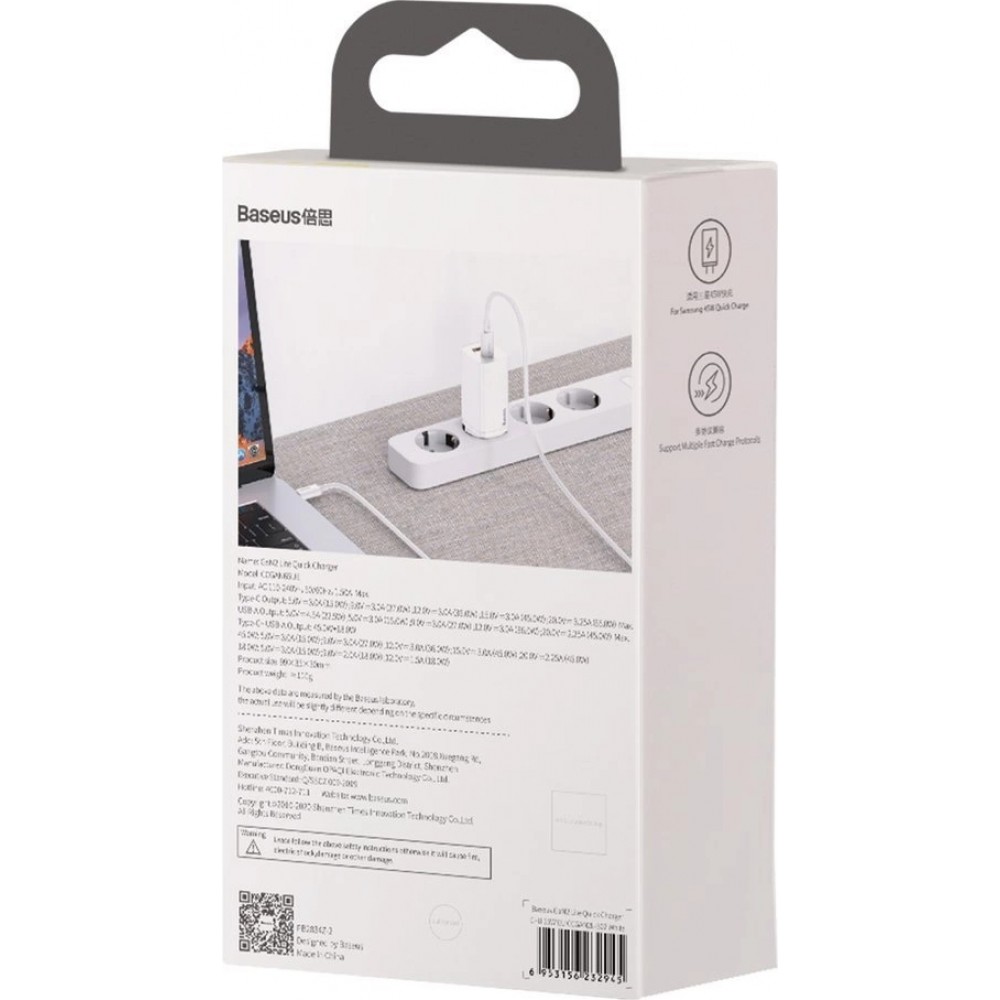 Baseus GaN2 Lite 65W USB-A / USB-C Schnellladegerät Quick Charge 3.0 Power Delivery - Weiss