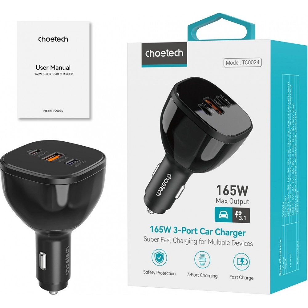 Choetech TC0024 165W Ultra Schneller Auto Ladegerät mit 2x USB-C PD 3.1 + 1x USB-A Schnellladeanschluss - Schwarz