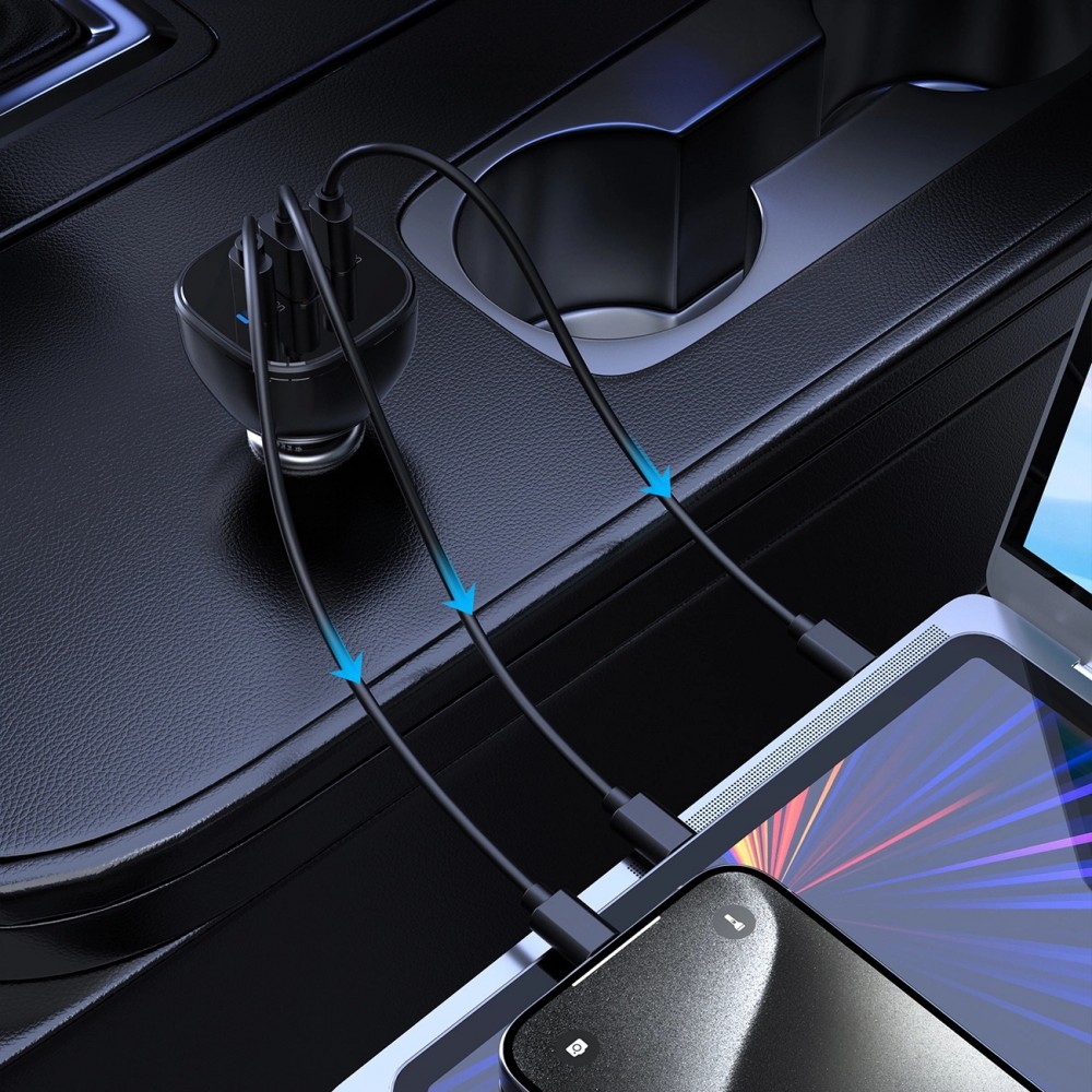 Choetech TC0024 165W Ultra Schneller Auto Ladegerät mit 2x USB-C PD 3.1 + 1x USB-A Schnellladeanschluss - Schwarz