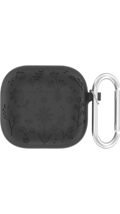 AirPods 4 Case Hülle - Silikonblumen mit Karabinerhaken - Schwarz