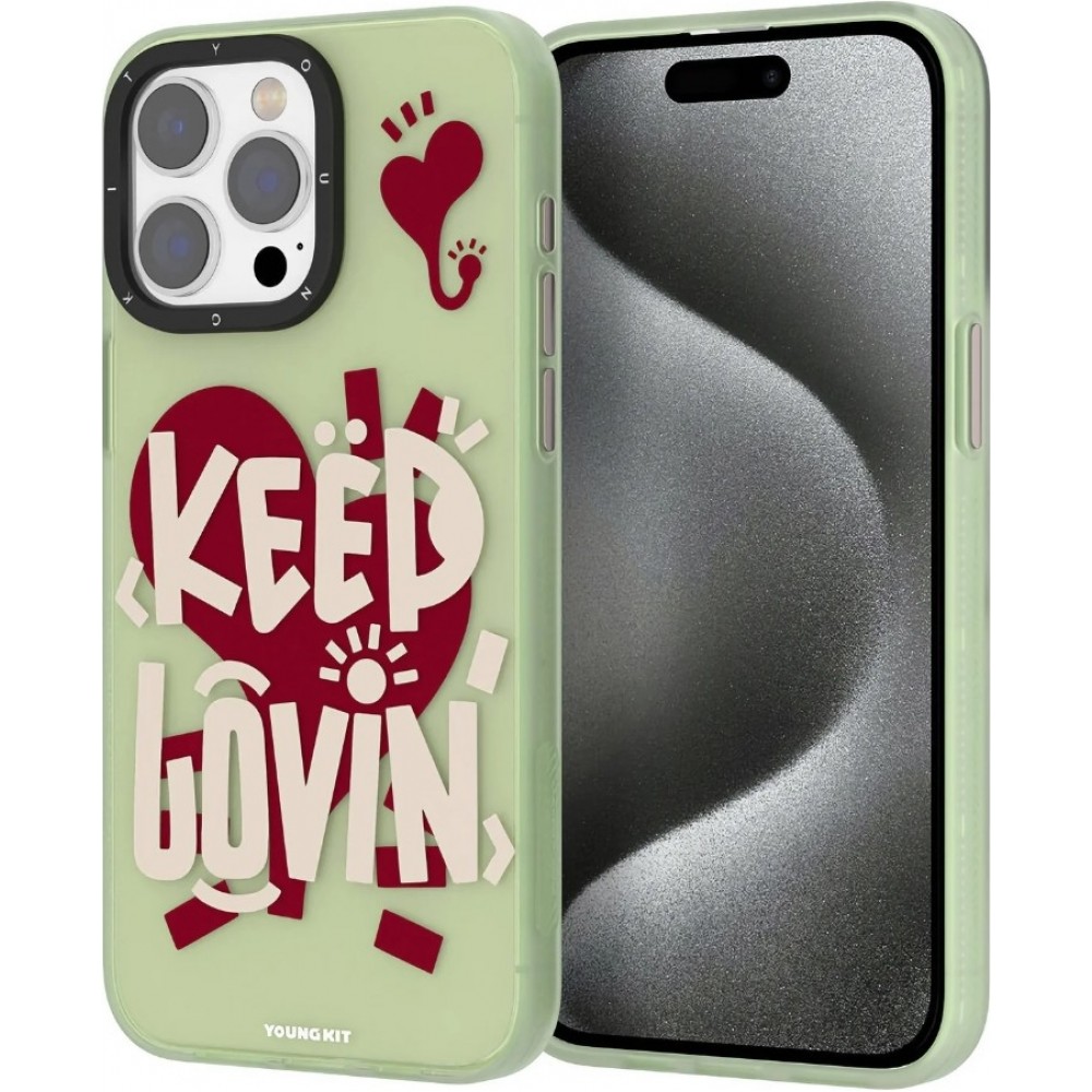 iPhone 14 Pro Max Case Hülle - Youngkit Keep Lovin Transparentes Grünes Silikon mit Herz - Grün