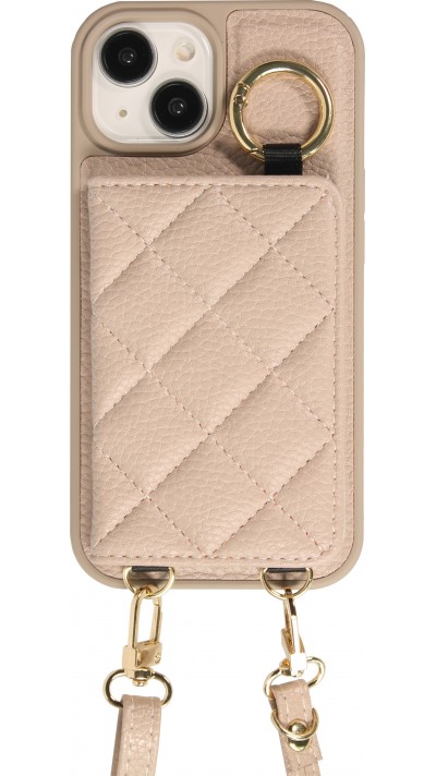 iPhone 15 Case Hülle - Gepolstertes Leder mit Spiegel und Kartenfach große abnehmbare Riemen - Beige