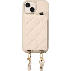 iPhone 15 Case Hülle - Gepolstertes Leder mit Spiegel und Kartenfach große abnehmbare Riemen - Weiss