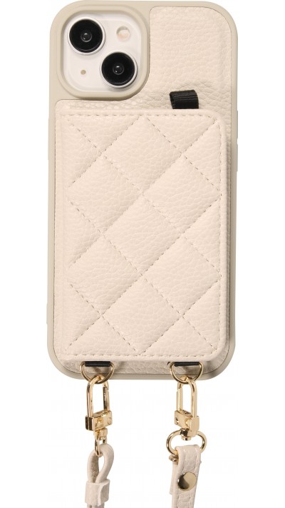 iPhone 15 Case Hülle - Gepolstertes Leder mit Spiegel und Kartenfach große abnehmbare Riemen - Weiss