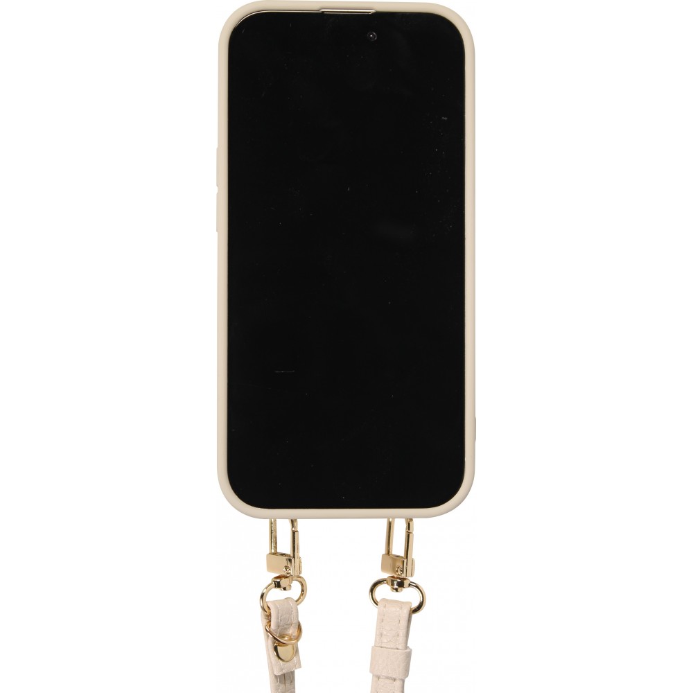 iPhone 15 Case Hülle - Gepolstertes Leder mit Spiegel und Kartenfach große abnehmbare Riemen - Weiss