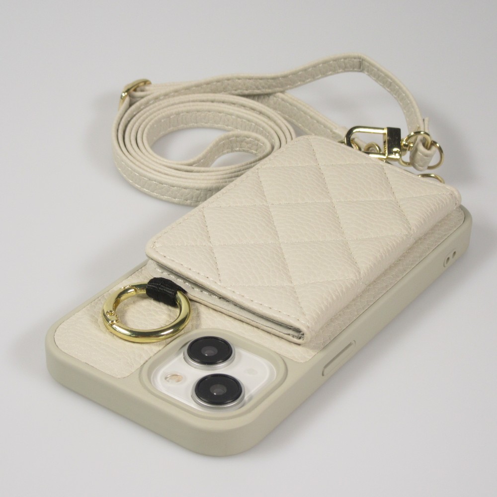 iPhone 15 Case Hülle - Gepolstertes Leder mit Spiegel und Kartenfach große abnehmbare Riemen - Weiss