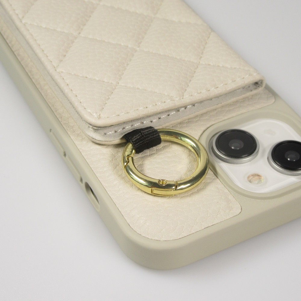 iPhone 15 Case Hülle - Gepolstertes Leder mit Spiegel und Kartenfach große abnehmbare Riemen - Weiss
