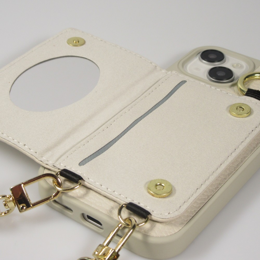 iPhone 15 Case Hülle - Gepolstertes Leder mit Spiegel und Kartenfach große abnehmbare Riemen - Weiss