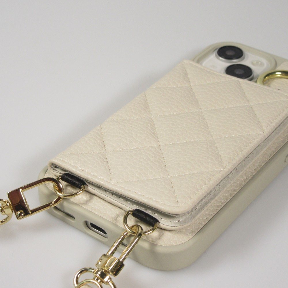 iPhone 15 Case Hülle - Gepolstertes Leder mit Spiegel und Kartenfach große abnehmbare Riemen - Weiss