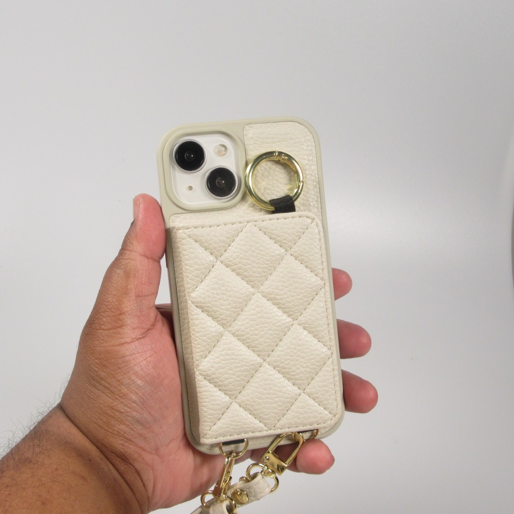 iPhone 15 Case Hülle - Gepolstertes Leder mit Spiegel und Kartenfach große abnehmbare Riemen - Weiss