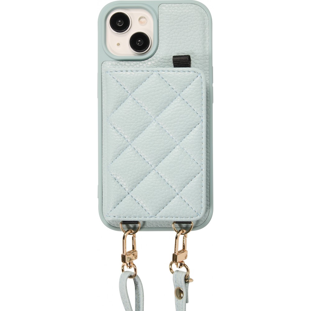 iPhone 15 Case Hülle - Gepolstertes Leder mit Spiegel und Kartenfach große abnehmbare Riemen - Blau