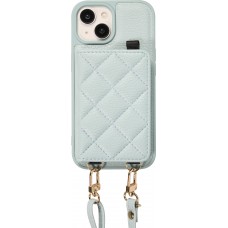 iPhone 15 Case Hülle - Gepolstertes Leder mit Spiegel und Kartenfach große abnehmbare Riemen - Blau