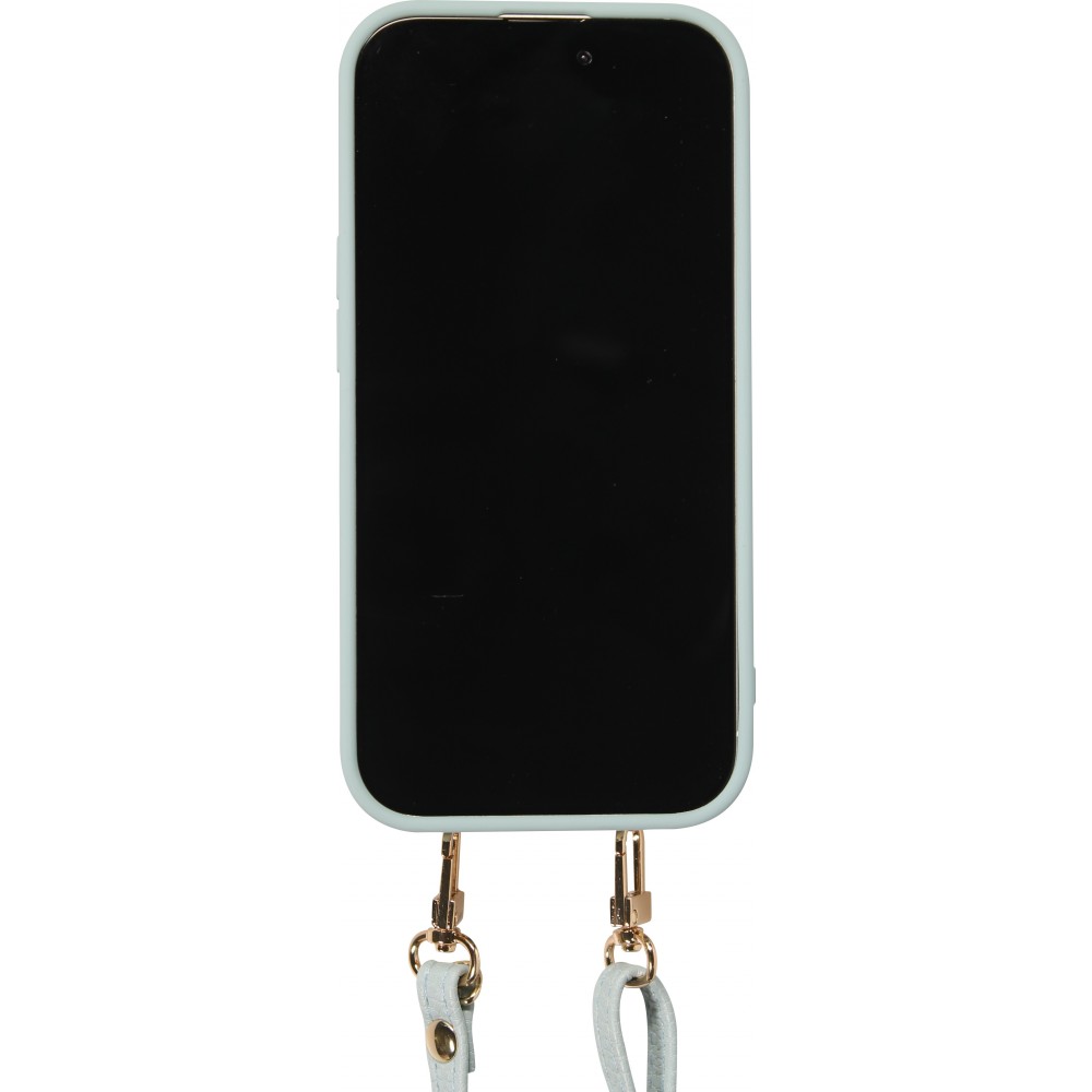 iPhone 15 Case Hülle - Gepolstertes Leder mit Spiegel und Kartenfach große abnehmbare Riemen - Blau