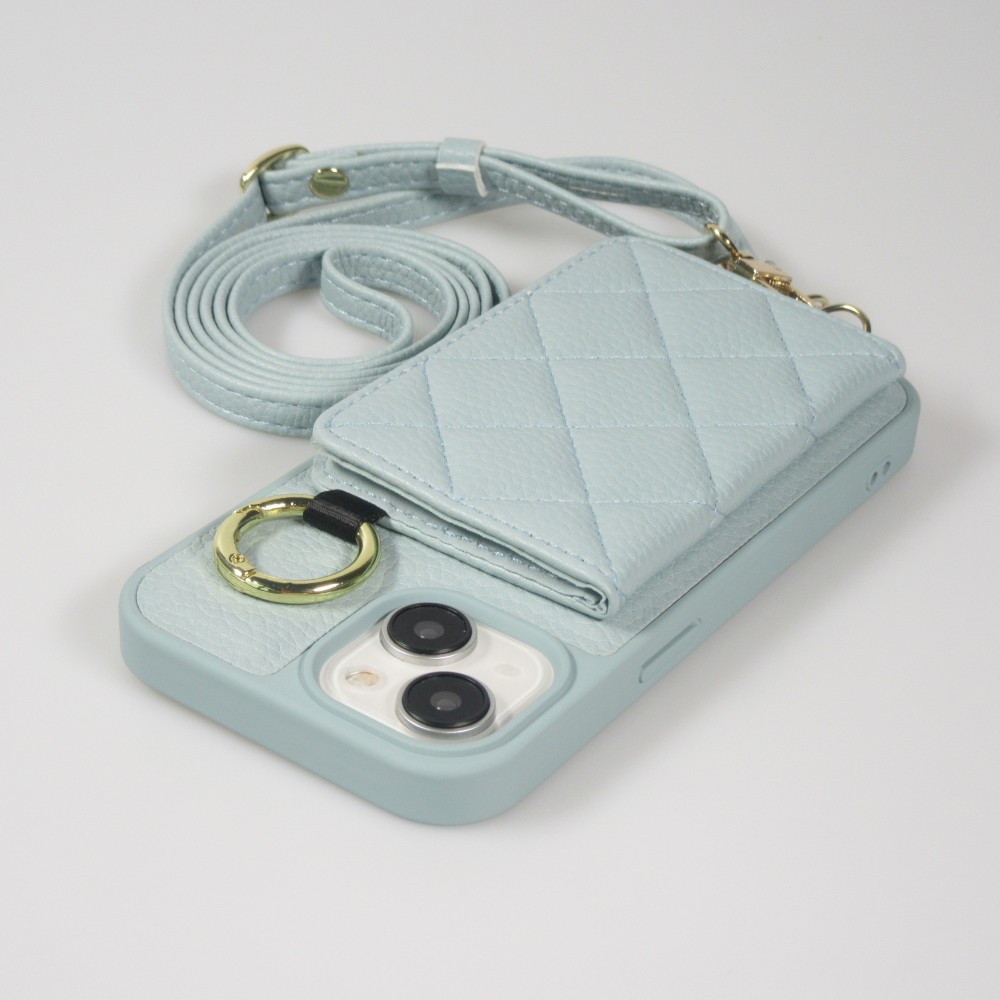 iPhone 15 Case Hülle - Gepolstertes Leder mit Spiegel und Kartenfach große abnehmbare Riemen - Blau