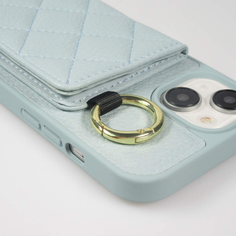 iPhone 15 Case Hülle - Gepolstertes Leder mit Spiegel und Kartenfach große abnehmbare Riemen - Blau