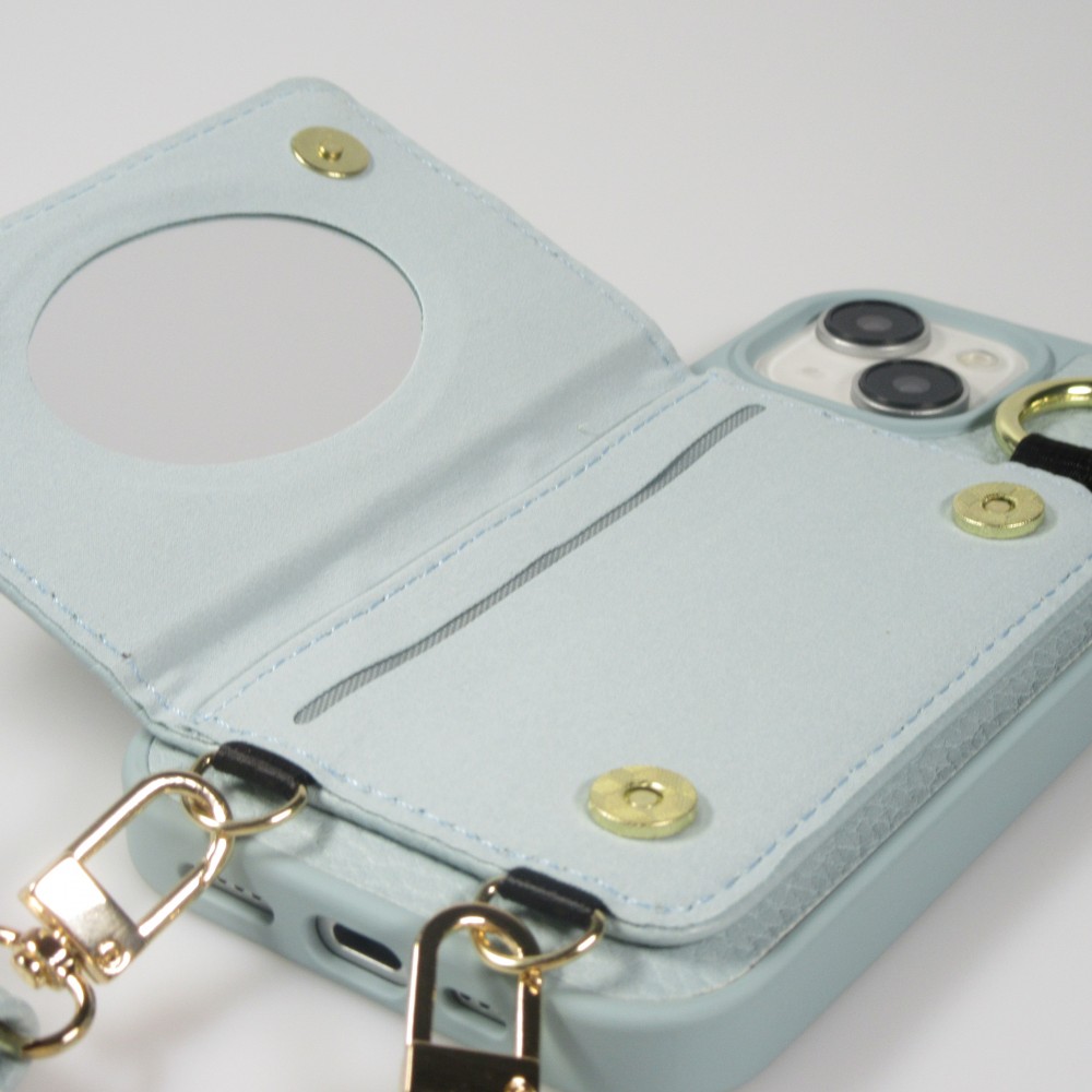 iPhone 15 Case Hülle - Gepolstertes Leder mit Spiegel und Kartenfach große abnehmbare Riemen - Blau