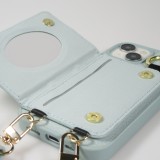 iPhone 15 Case Hülle - Gepolstertes Leder mit Spiegel und Kartenfach große abnehmbare Riemen - Blau