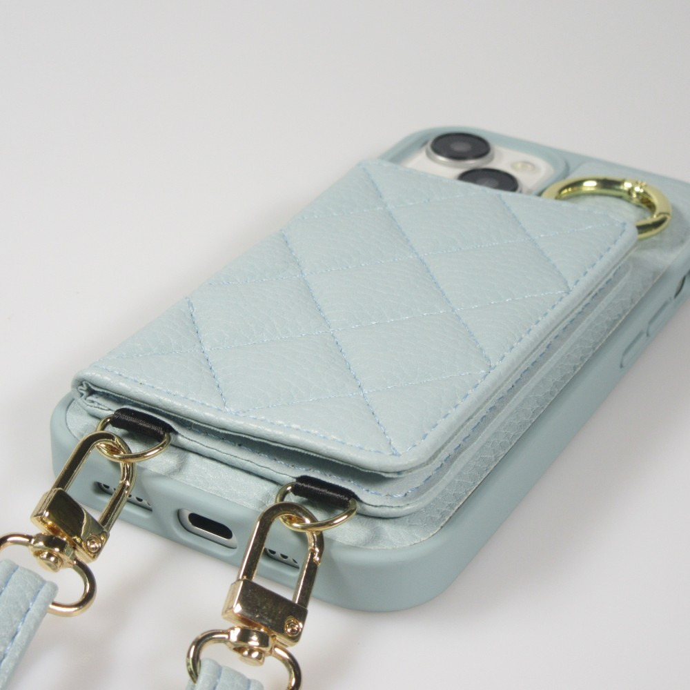iPhone 15 Case Hülle - Gepolstertes Leder mit Spiegel und Kartenfach große abnehmbare Riemen - Blau