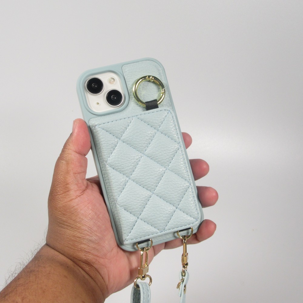 iPhone 15 Case Hülle - Gepolstertes Leder mit Spiegel und Kartenfach große abnehmbare Riemen - Blau
