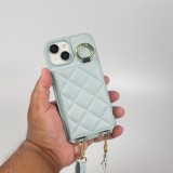 iPhone 15 Case Hülle - Gepolstertes Leder mit Spiegel und Kartenfach große abnehmbare Riemen - Blau