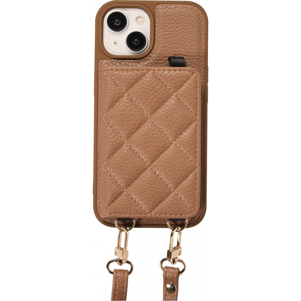 iPhone 15 Case Hülle - Gepolstertes Leder mit Spiegel und Kartenfach große abnehmbare Riemen - Braun