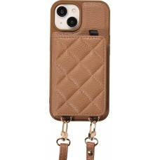 iPhone 15 Case Hülle - Gepolstertes Leder mit Spiegel und Kartenfach große abnehmbare Riemen - Braun