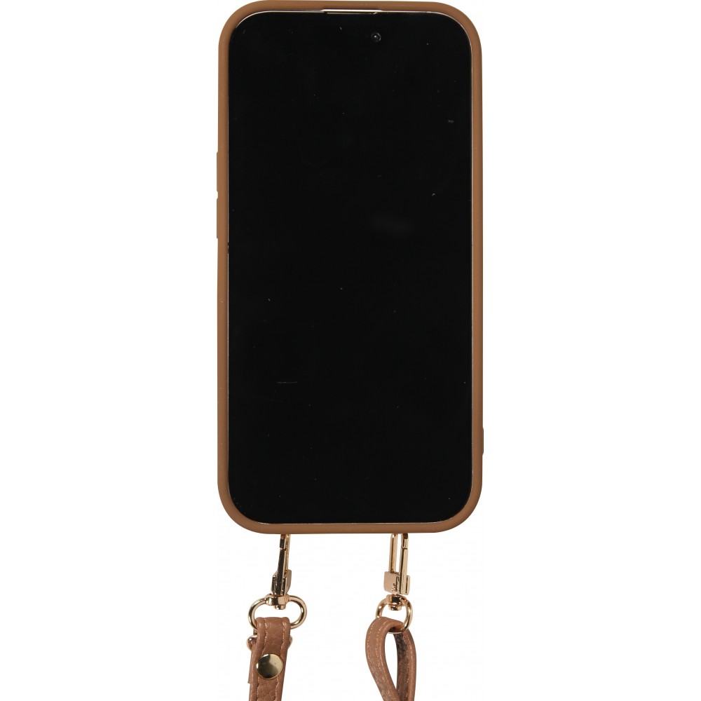 iPhone 15 Case Hülle - Gepolstertes Leder mit Spiegel und Kartenfach große abnehmbare Riemen - Braun