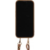 iPhone 15 Case Hülle - Gepolstertes Leder mit Spiegel und Kartenfach große abnehmbare Riemen - Braun