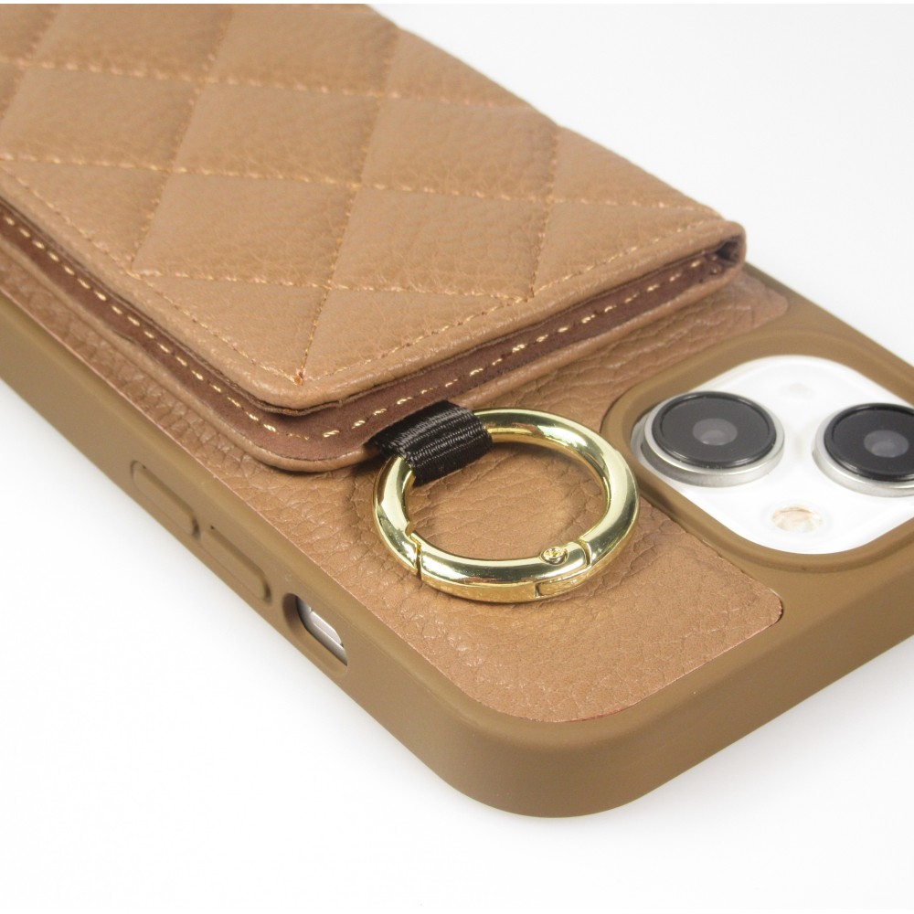 iPhone 15 Case Hülle - Gepolstertes Leder mit Spiegel und Kartenfach große abnehmbare Riemen - Braun