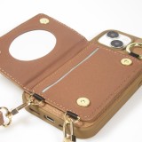 iPhone 15 Case Hülle - Gepolstertes Leder mit Spiegel und Kartenfach große abnehmbare Riemen - Braun
