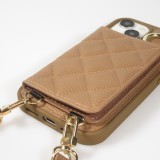 iPhone 15 Case Hülle - Gepolstertes Leder mit Spiegel und Kartenfach große abnehmbare Riemen - Braun