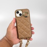 iPhone 15 Case Hülle - Gepolstertes Leder mit Spiegel und Kartenfach große abnehmbare Riemen - Braun
