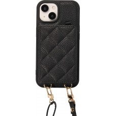 iPhone 15 Case Hülle - Gepolstertes Leder mit Spiegel und Kartenfach große abnehmbare Riemen - Schwarz